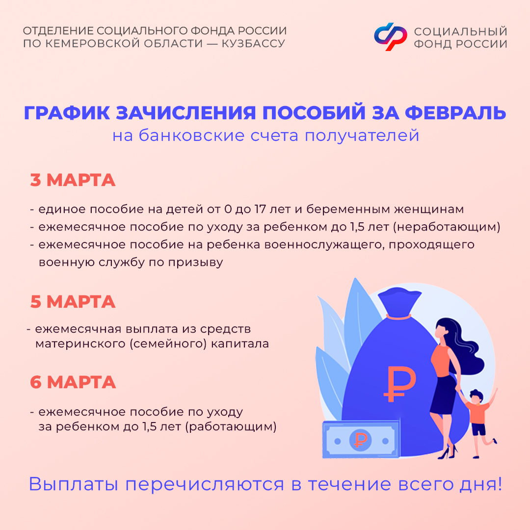 График выплат детских пособий и пенсий в марте